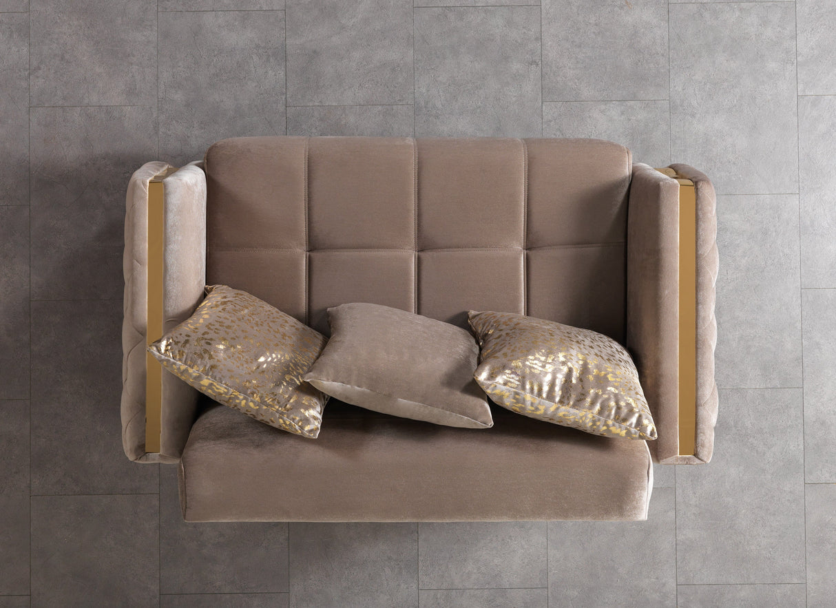 Florence Coffee sofa, top three-quarter view with five accent pillows