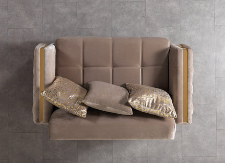 Florence Coffee sofa, top three-quarter view with five accent pillows
