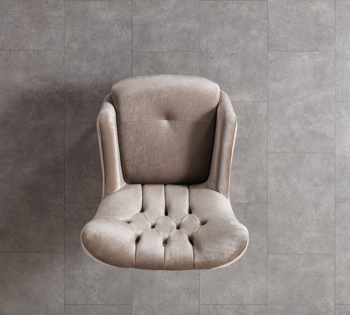 Florence Coffee accent chair, top view, tufted seat and curved arms