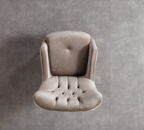 Florence Coffee accent chair, top view, tufted seat and curved arms