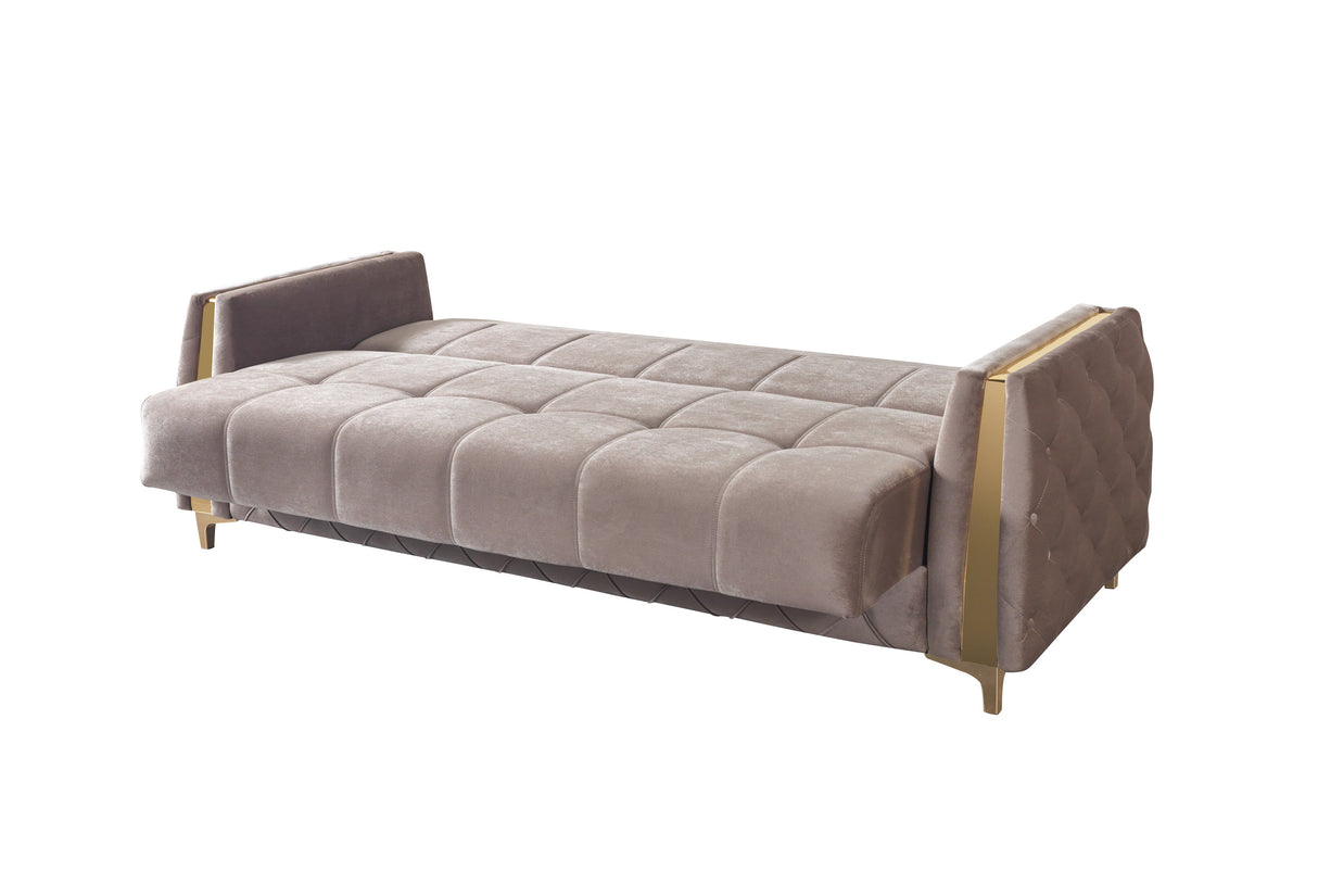 Florence Coffee Velvet Convertible Sofa, full open sleeper view on white background