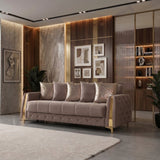 Florence Coffee Velvet Convertible Sofa, angled view with tufted sides and gold trim
