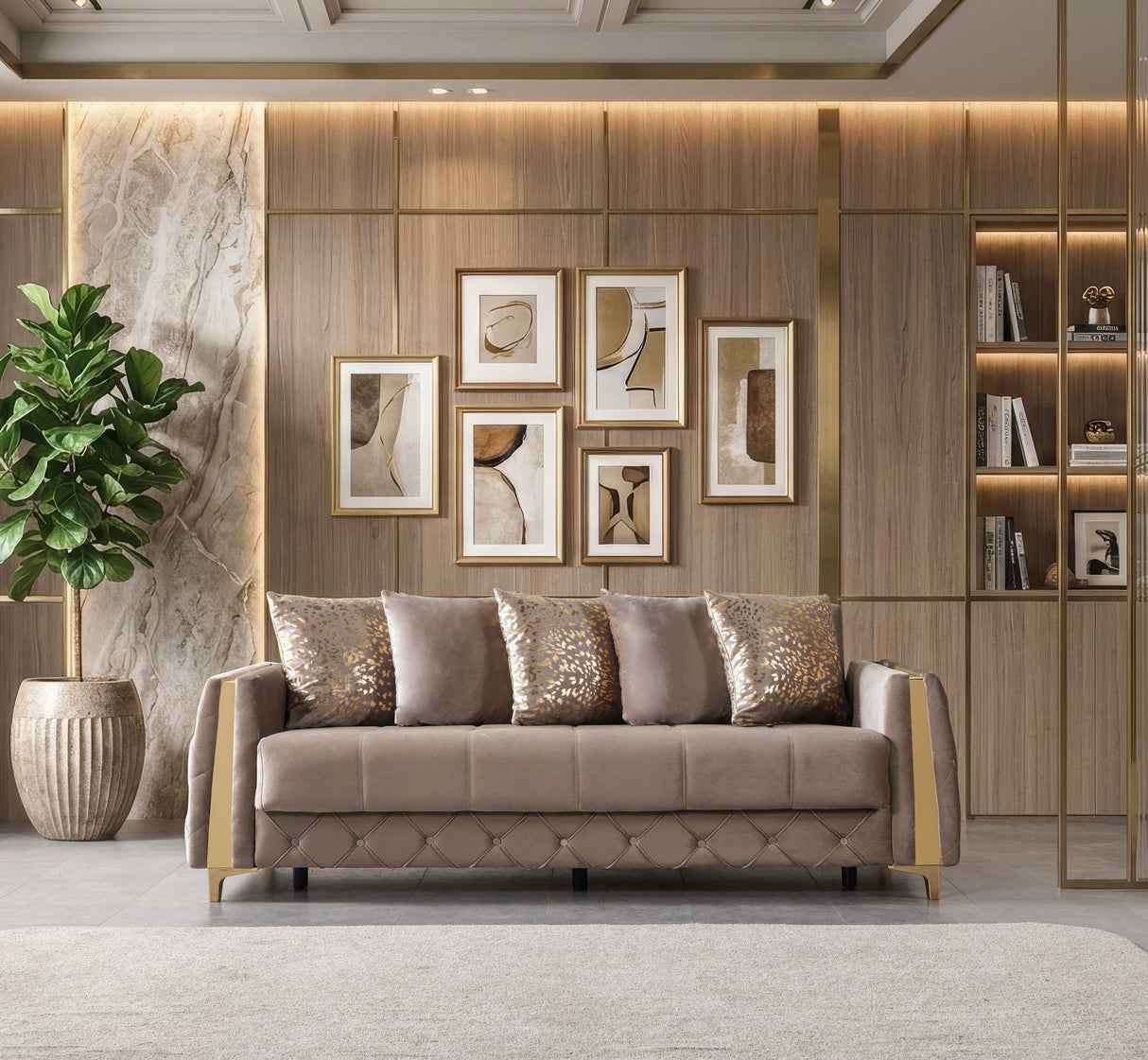 Florence Coffee Velvet Convertible Sofa, front view with gold accents and tufted apron