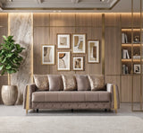 Florence Coffee Velvet Convertible Sofa, front view with gold accents and tufted apron