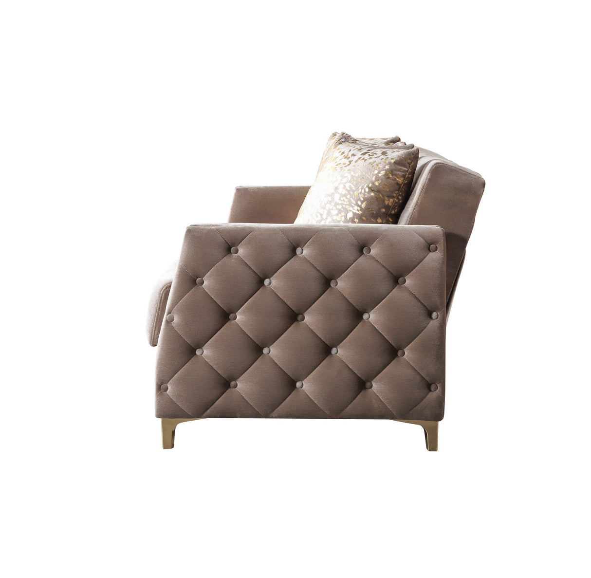Florence Coffee sofa, angled top view with five pillows and gold accents