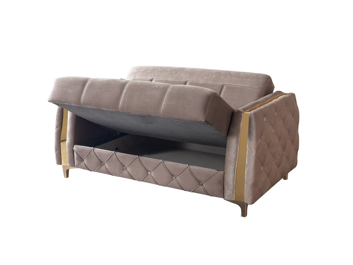 Florence Coffee sofa, open storage compartment and tufted base, white background