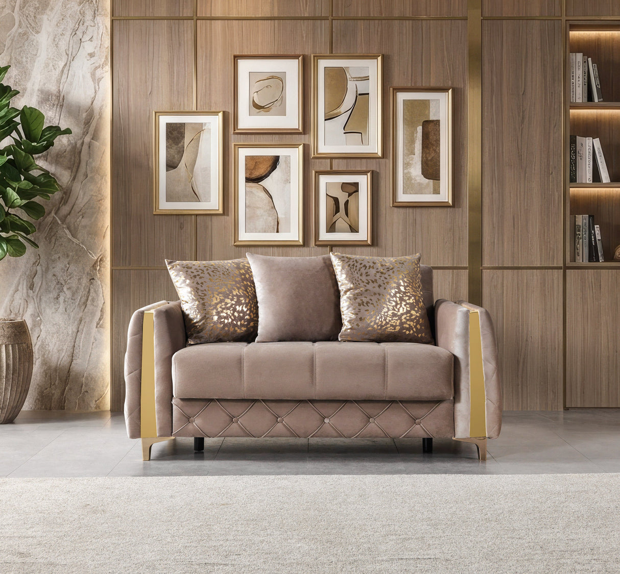 Florence Coffee sofa, coffee velvet and gold trim, front view with pillows
