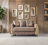 Florence Coffee sofa, coffee velvet and gold trim, front view with pillows