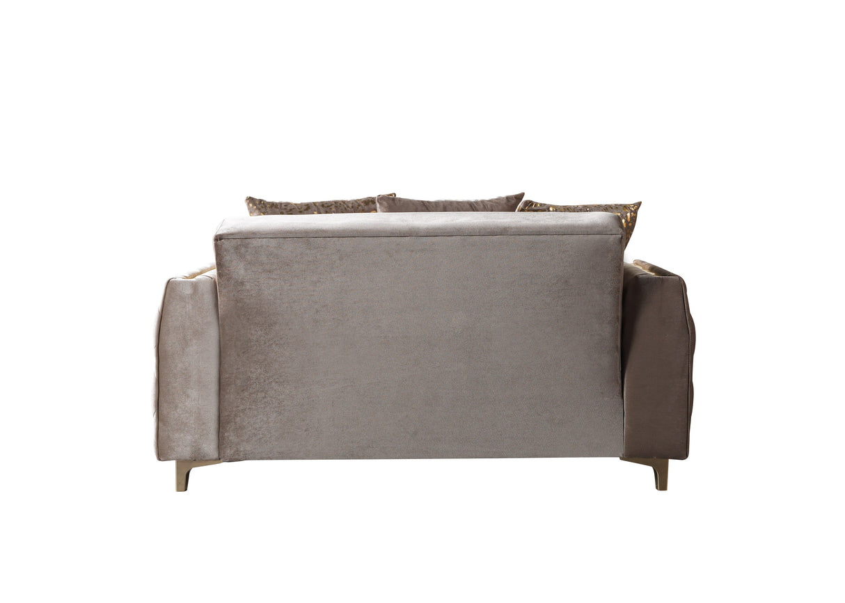 Florence Coffee loveseat, side and back view with tufted panels and gold trim