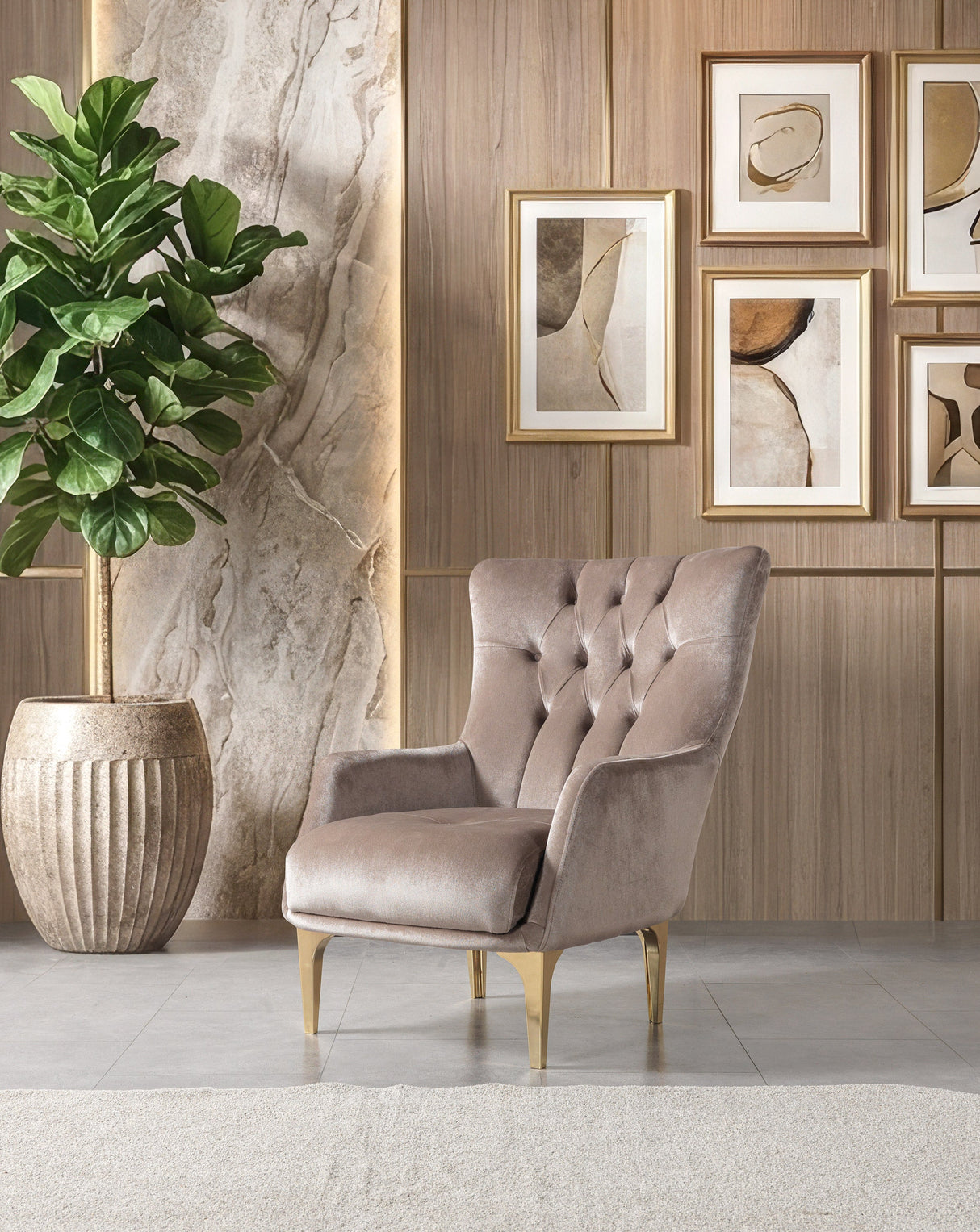 Florence Coffee accent chair, tufted velvet back and gold legs, front three-quarter view
