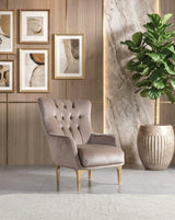 Florence Coffee accent chair, coffee velvet and gold legs, three-quarter view