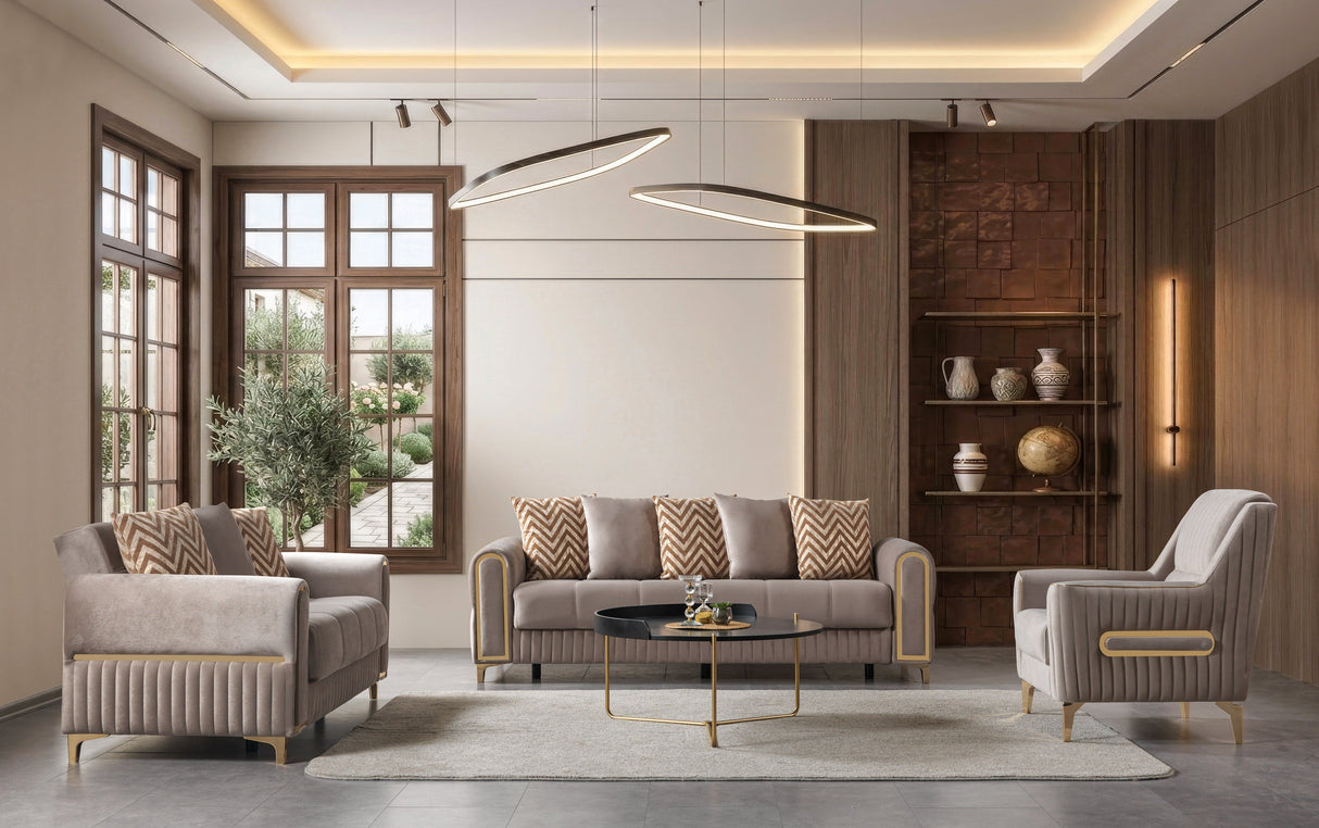 Sandra Coffee sofa, close-up arm detail with gold trim and velvet texture