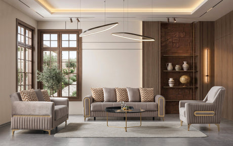 Sandra Coffee Loveseat, chevron pillows and velvet seat, angled top detail