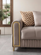 Sandra Coffee Loveseat, rounded arm and velvet upholstery, side close-up