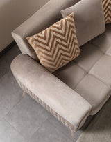 Sandra Coffee sofa, side arm close-up, gold border and velvet upholstery