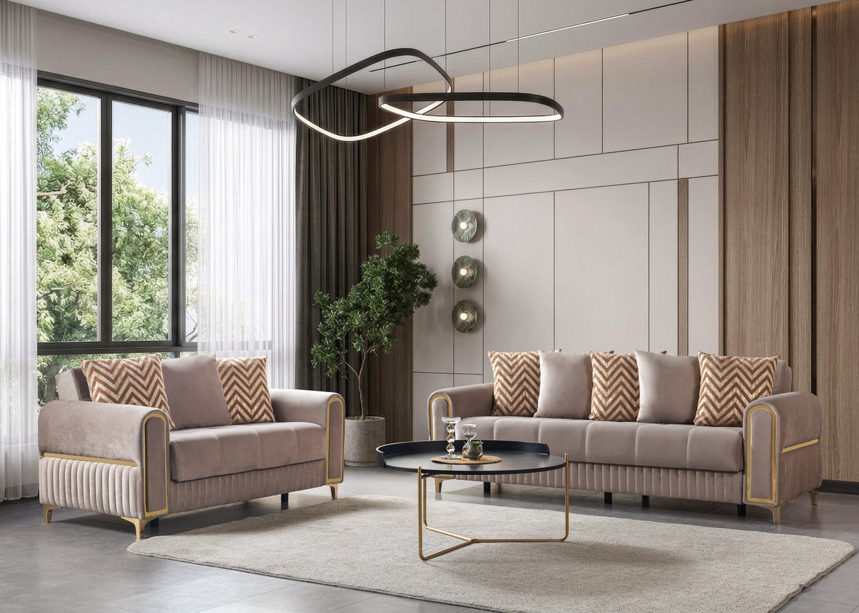 Sandra Coffee sofa and loveseat, velvet upholstery with gold trim, three-quarter living room view