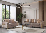 Sandra Coffee sofa and loveseat, velvet upholstery with gold trim, three-quarter living room view