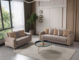 Sandra Coffee sofa and loveseat, velvet set with gold trim, front three-quarter view