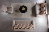 Sandra Coffee sofa, front view with three seat cushions and gold-trimmed arms
