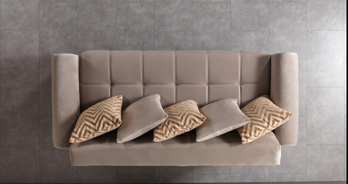 Sandra Coffee sofa, angled front view with gold-trimmed arms and velvet cushions