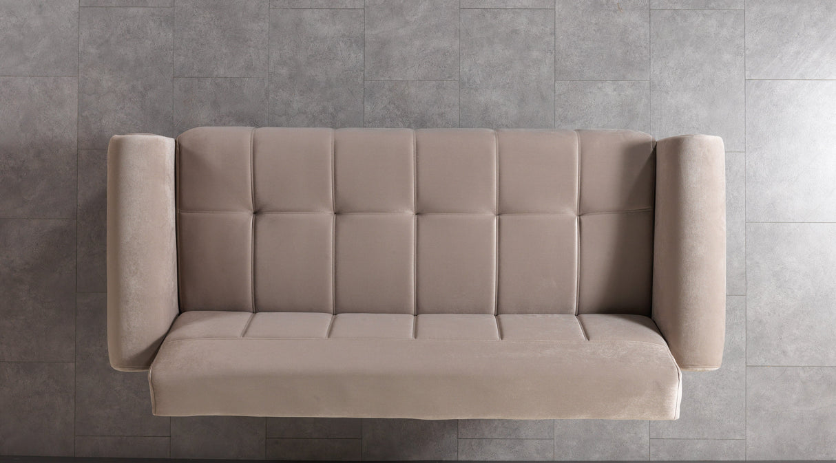 Sandra Coffee sofa, top view without pillows, tufted velvet seating