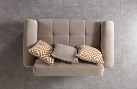 Sandra Coffee sofa, front view with mixed pillows and gold-trimmed arms