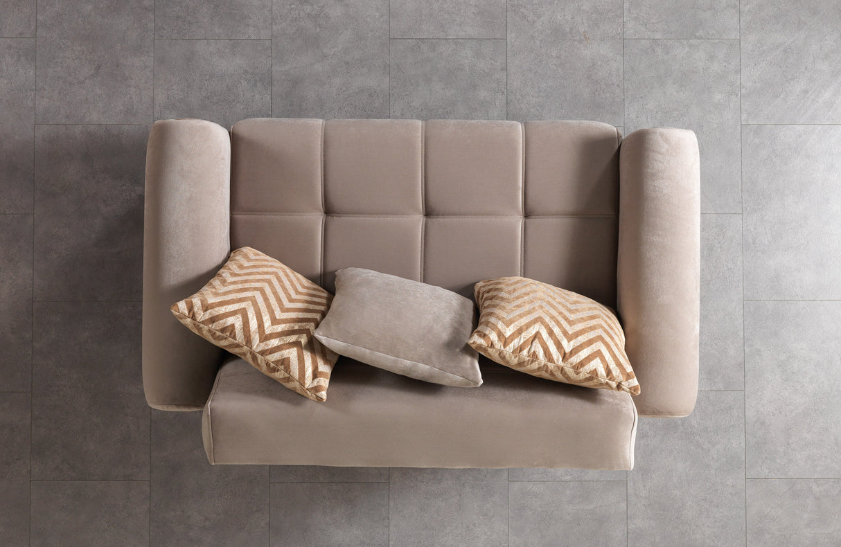 Sandra Coffee Loveseat, velvet seat and chevron pillows, top view
