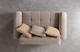 Sandra Coffee Loveseat, velvet seat and chevron pillows, top view