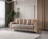 Sandra Coffee convertible sofa, three-quarter angle, velvet and gold trim