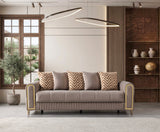 Sandra Coffee convertible sofa, front view, velvet upholstery with gold trim