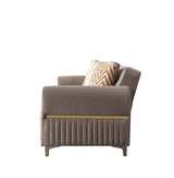 Sandra Coffee Loveseat, matching velvet upholstery and gold trim, side profile