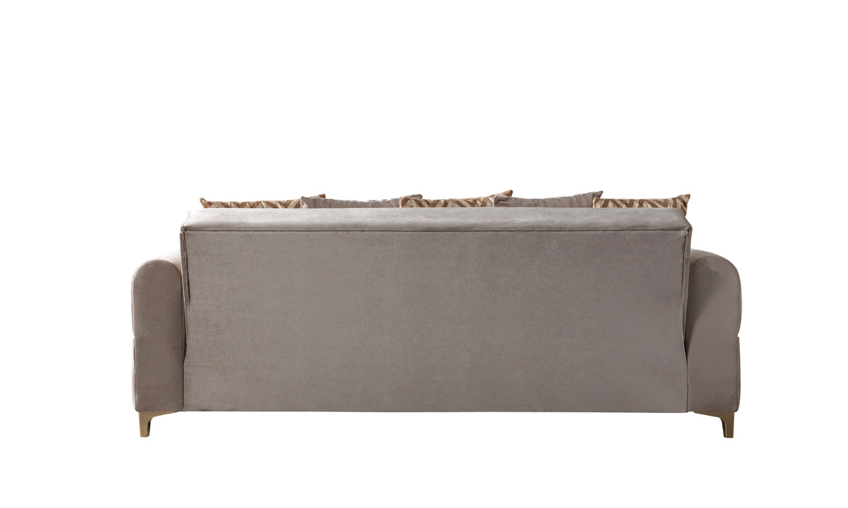 Sandra Coffee sofa, fully opened sleeper position, tufted velvet surface