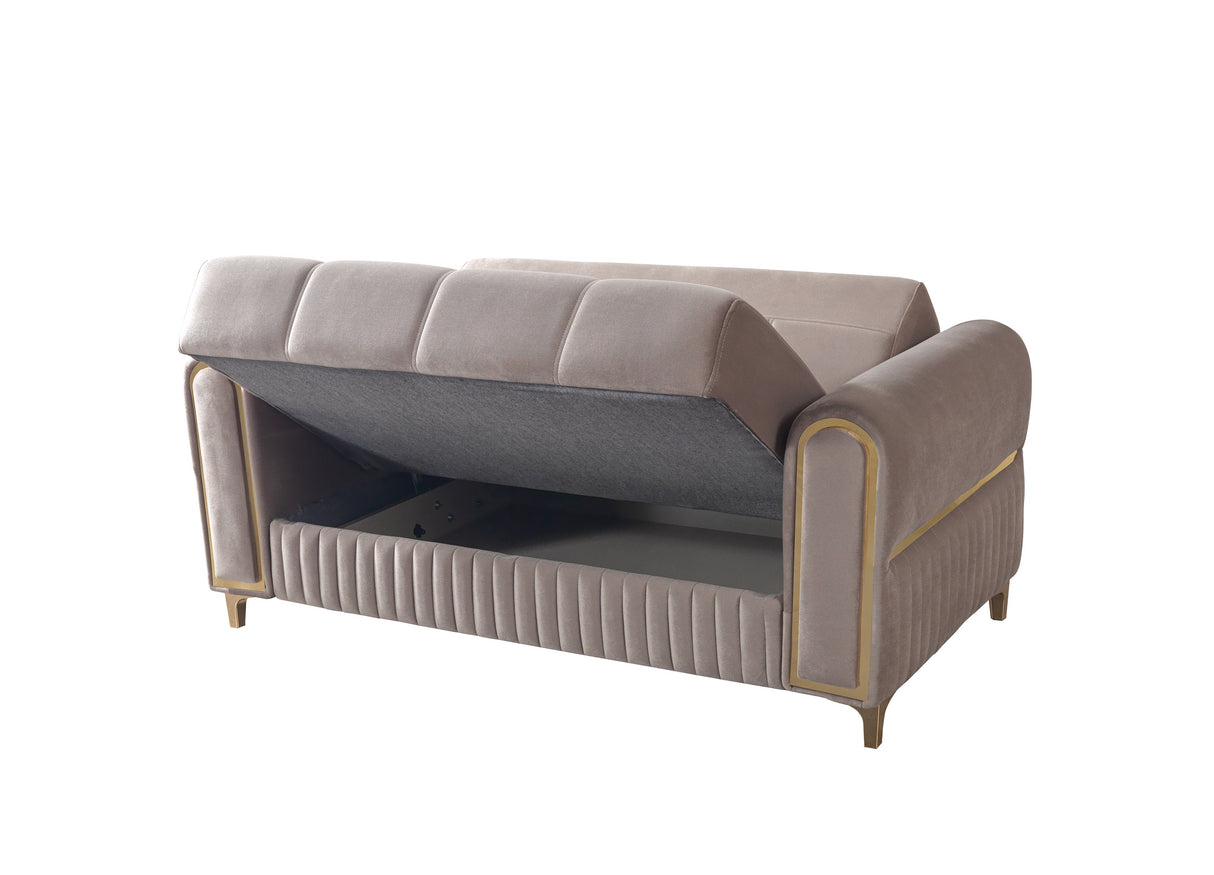 Sandra Coffee Loveseat, lift-up storage seat, open three-quarter view