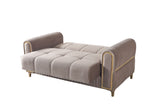 Sandra Coffee loveseat, side profile with pleated base and gold trim on white background