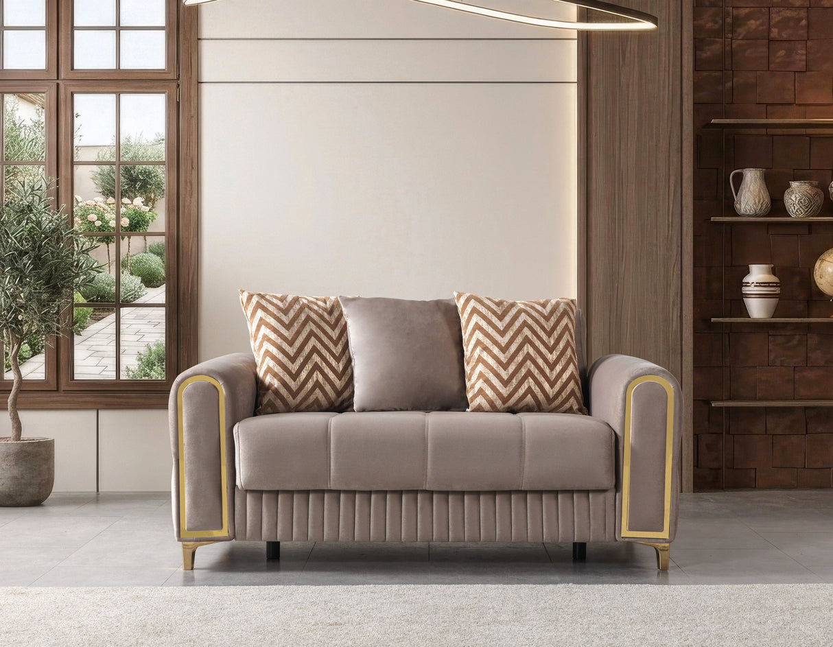 Sandra Coffee sofa, overhead close-up of velvet arm and chevron pillow detail