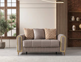 Sandra Coffee Loveseat, velvet upholstery and gold trim, front view