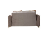 Sandra Coffee Loveseat, back view with velvet upholstery and gold legs