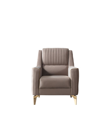 Sandra Coffee accent chair in a living room set, velvet and gold finish