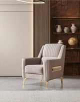 Sandra Coffee accent chair, channel-tufted back and gold legs, three-quarter view