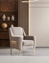 Sandra Coffee accent chair, front view with dimensions marked and gold legs