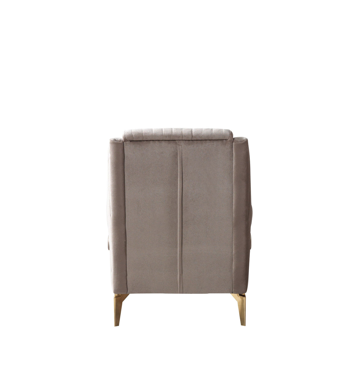 Sandra Coffee accent chair, front view on white background, gold legs and channel back