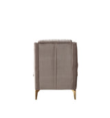 Sandra Coffee accent chair, front view on white background, gold legs and channel back