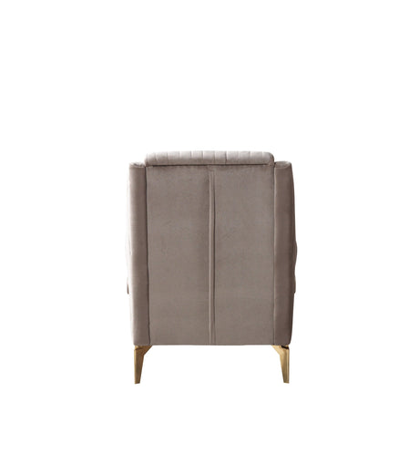 Sandra Coffee accent chair, front view on white background, gold legs and channel back