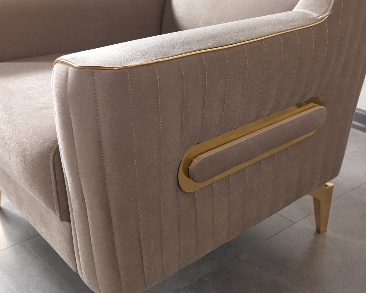 Sandra Coffee accent chair, gold side accent detail on velvet arm panel