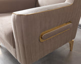Sandra Coffee accent chair, gold side accent detail on velvet arm panel