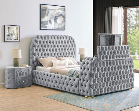 Natalia Gray King Upholstered Fireplace Bed with TV Lift from Crown Mark - Luna Furniture