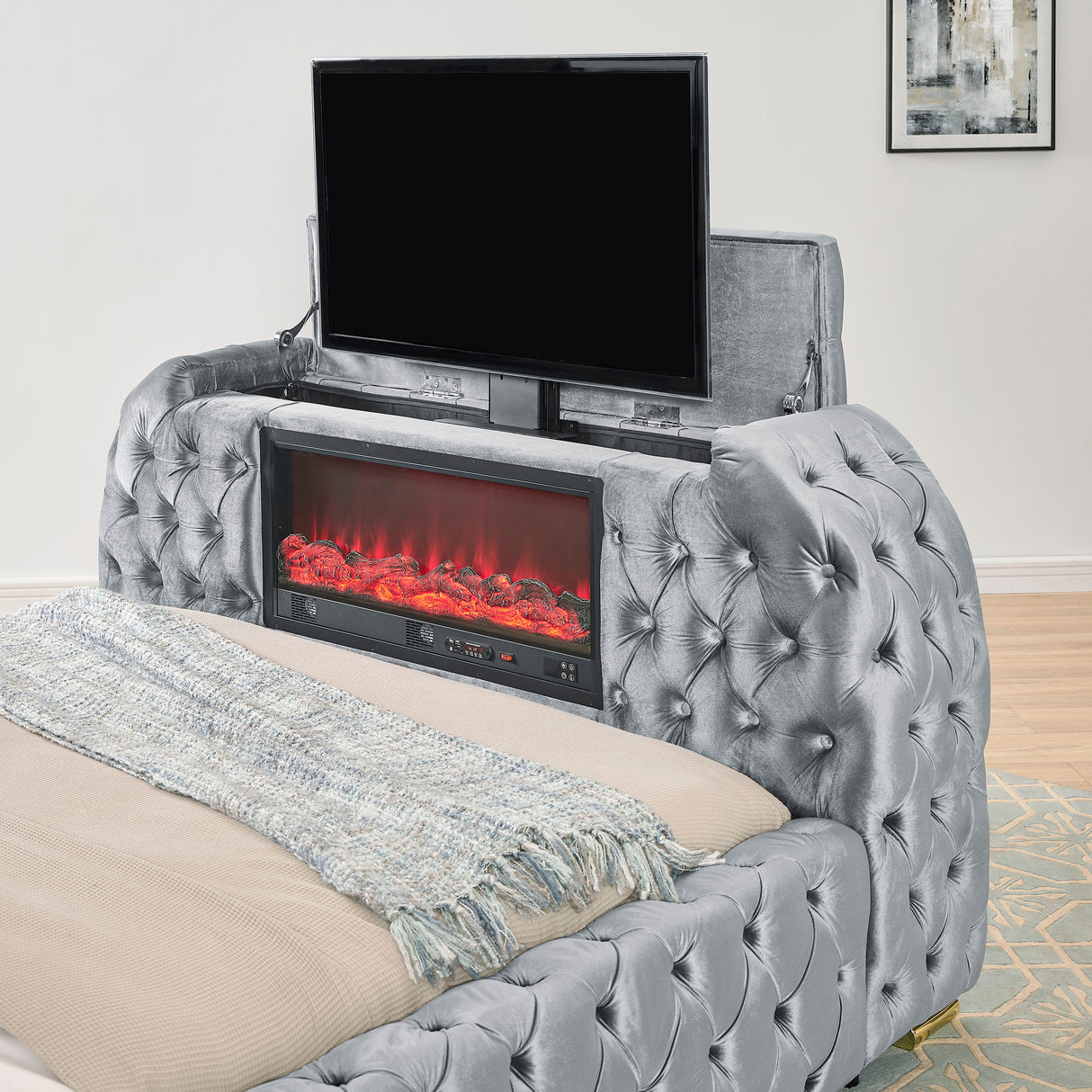 Natalia Gray King Upholstered Fireplace Bed with TV Lift from Crown Mark - Luna Furniture