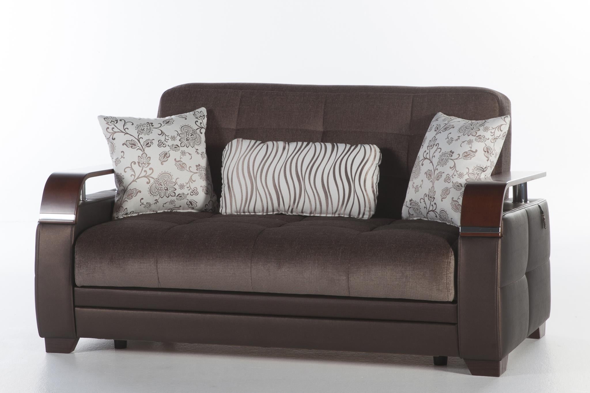 Fabric/PU Storage Sleeper Loveseat w/Wooden Armrest