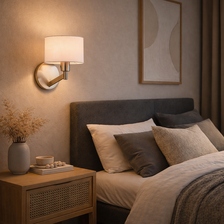Nebula Brushed Nickel Base Wall Lamp with Rotary Switch White Fabric Shade from Ashcroft Furniture - Luna Furniture
