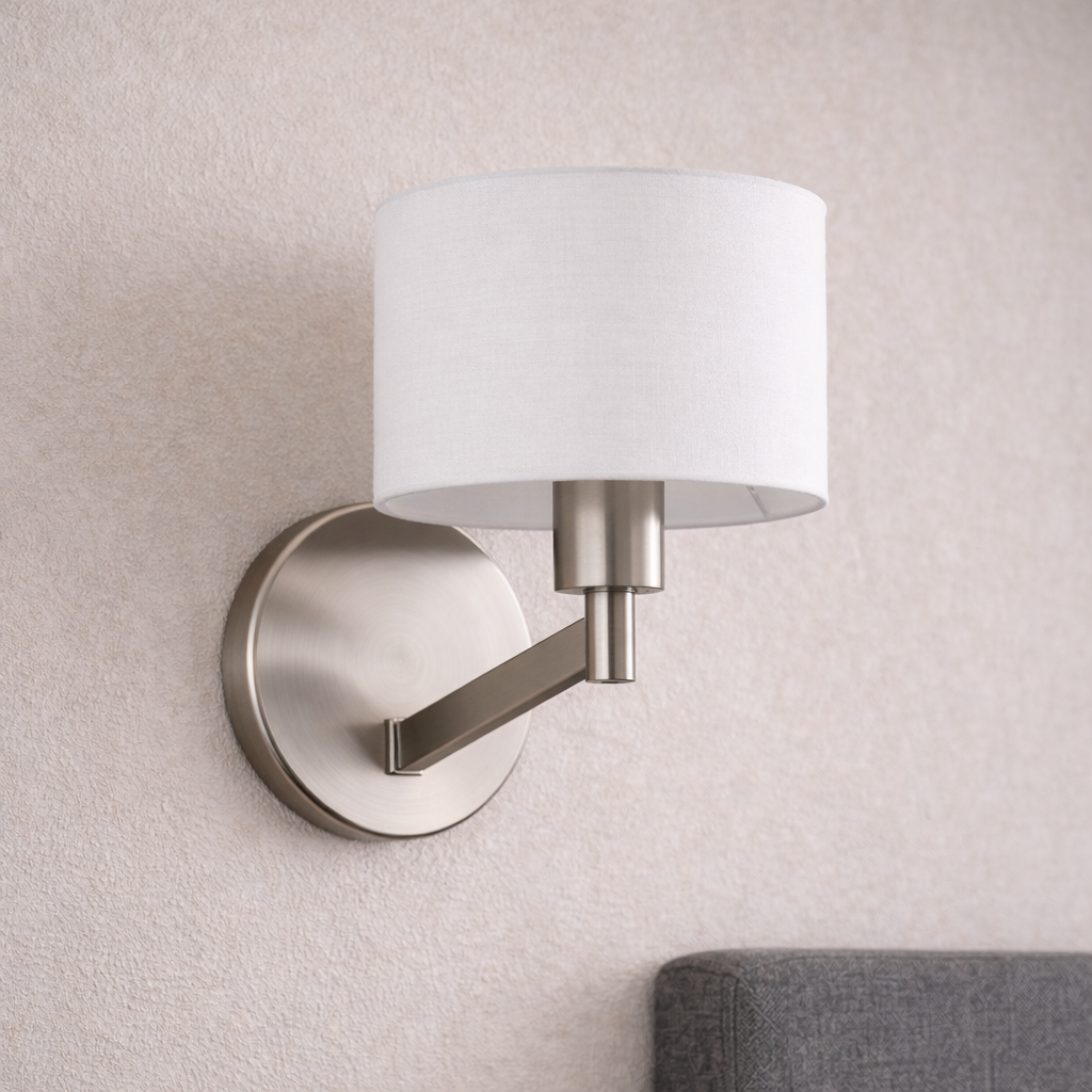 Nebula Brushed Nickel Base Wall Lamp with Rotary Switch White Fabric Shade from Ashcroft Furniture - Luna Furniture